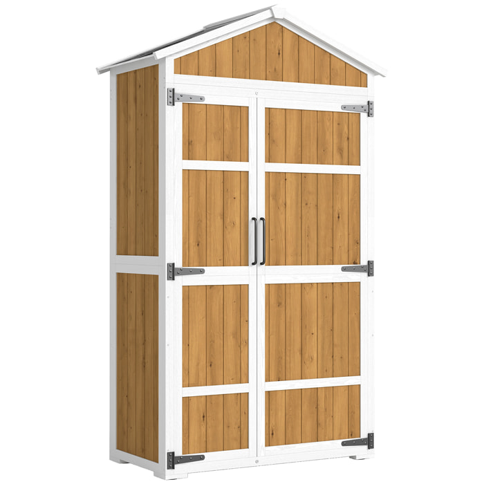 Armoire de jardin bois bicolore toit double pente métal 4 étagères blanc naturel