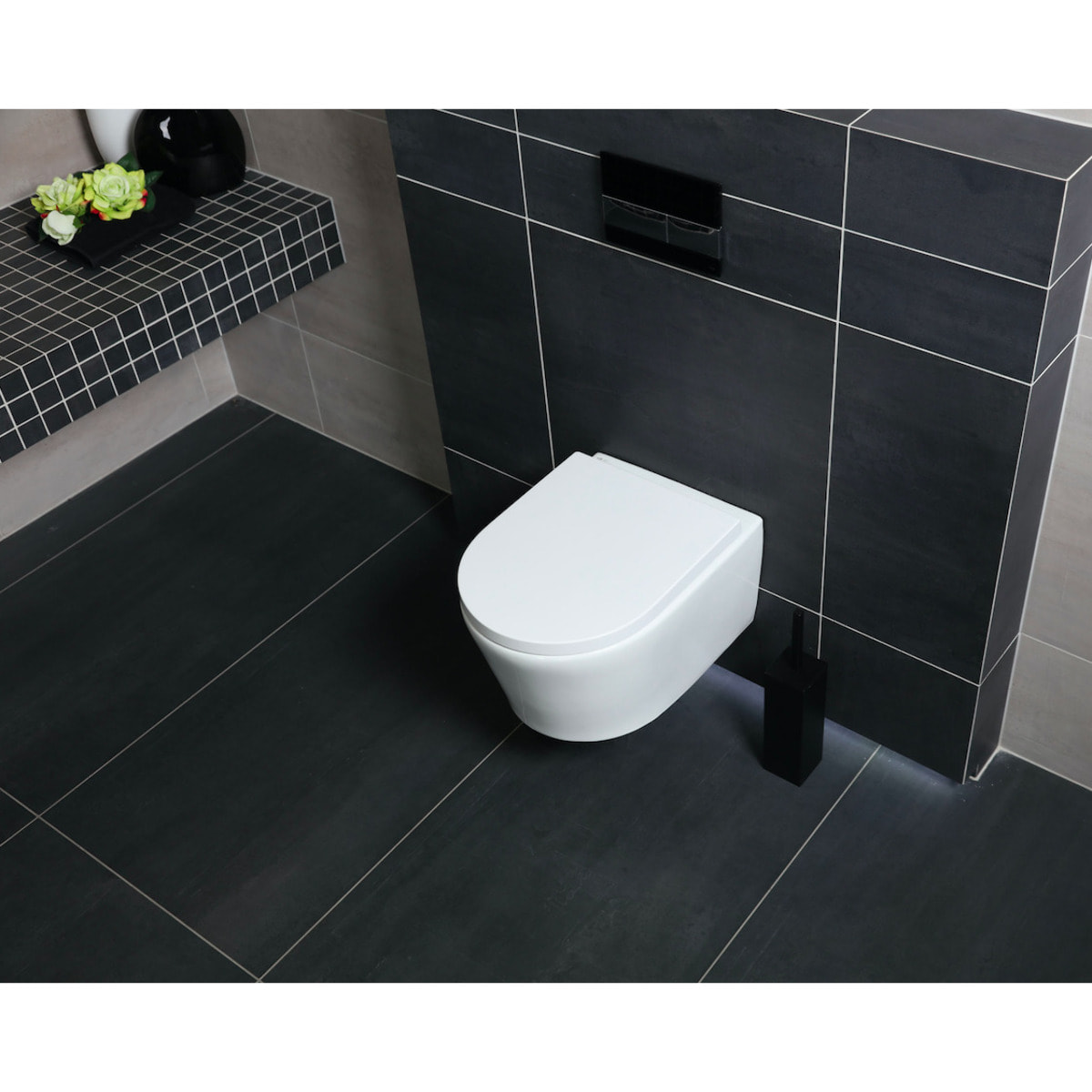 Pack WC Bati Geberit UP100 + WC sans bride Swiss Aqua Technologies + Abattant softclose + Plaque Noir brillant