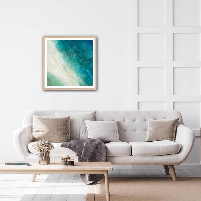 Affiche Plage bleue Affiche + cadre en bois - Chêne