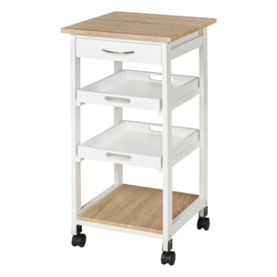 Chariot de service desserte de cuisine à roulettes 2 plateaux amovibles, tiroir, étagère MDF chêne clair bois pin blanc