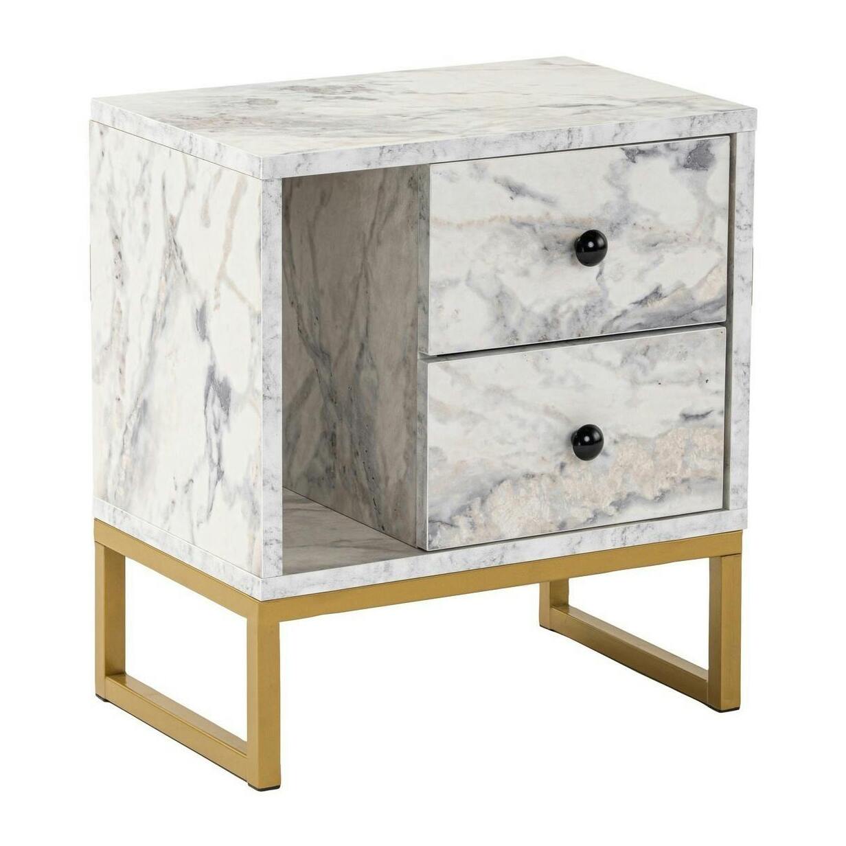 Table de nuit 2 tiroirs - effet marbre, pieds dorés JENA