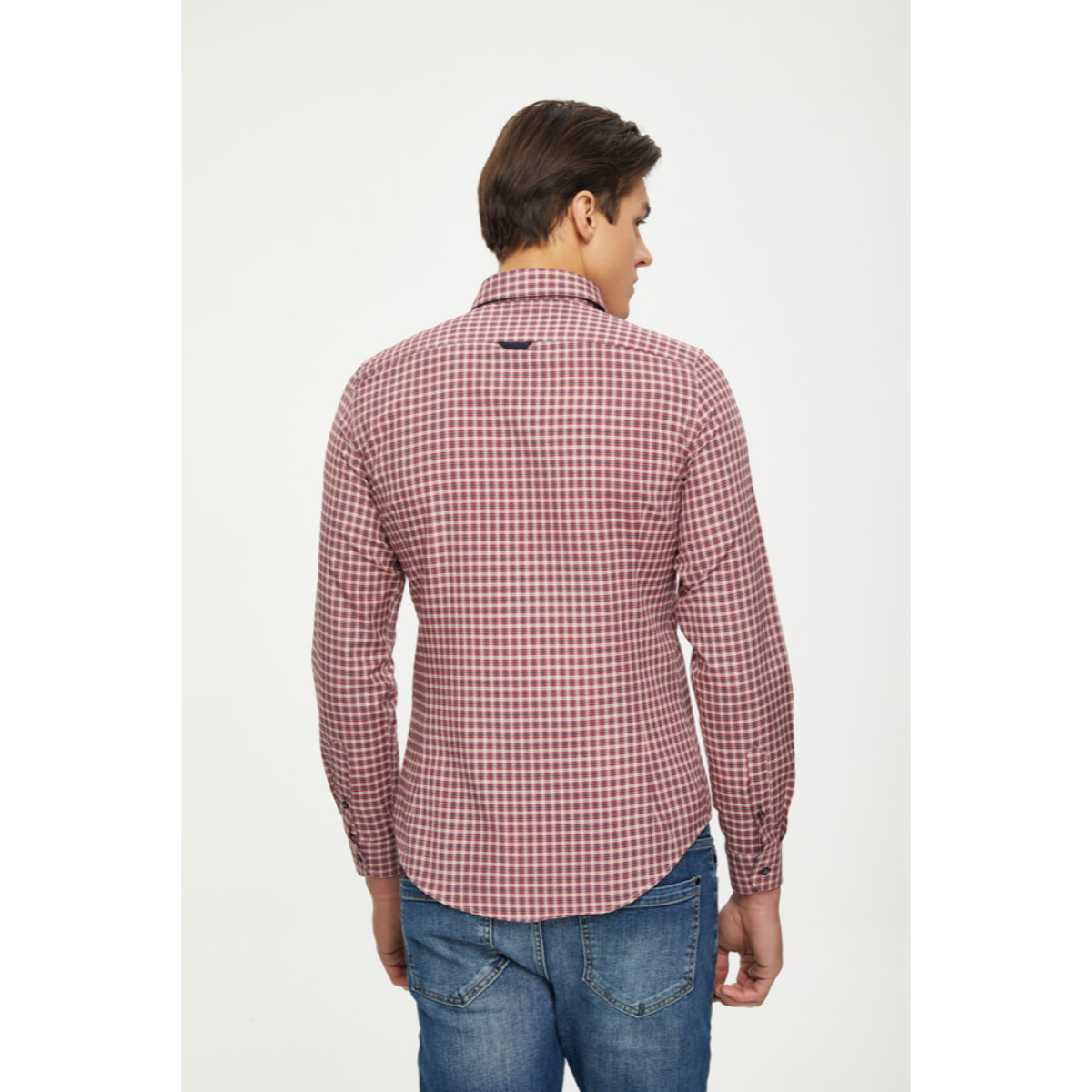 Camicia Uomo 1 Bottone Button Down Slim Cotone Poliestere Quadro Medio Blu\Rosso