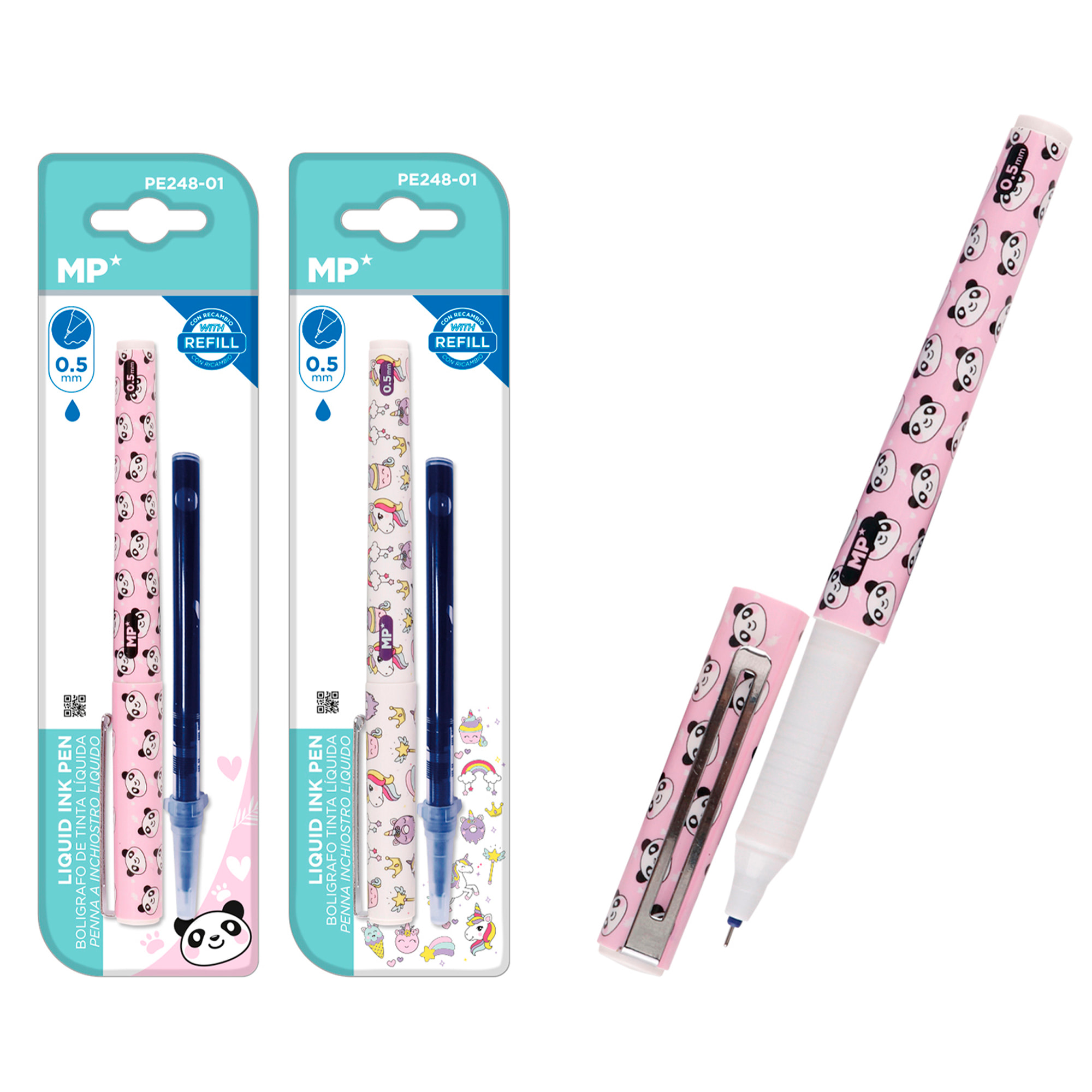 PACK 24 Uds. BOLÍGRAFO TINTA LÍQUIDA PUNTA CON RECAMBIO 0,5 mm. DISEÑO PANDA Y UNICORNIO.