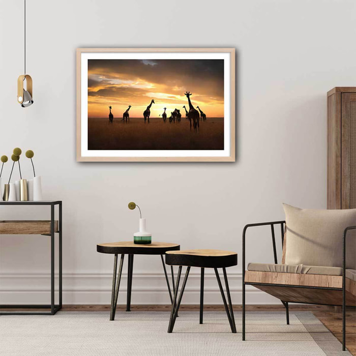 Affiche animaux girafes family Affiche + cadre en bois - Chêne