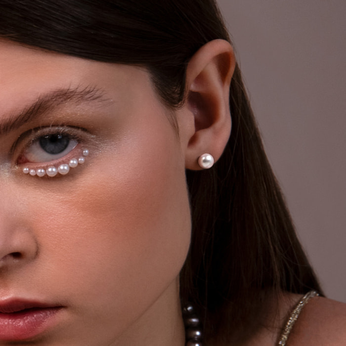 PERLAVIVA - Orecchini in Argento 925 placcato Oro Bianco 18Kt con Perle a Bottone Bianche d'Acqua DolceØ 8/9mm