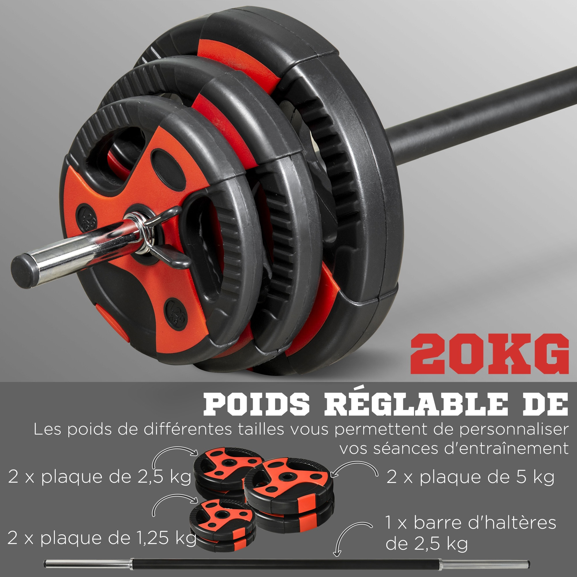 Kit pump 20 Kg - barre et poids de musculation 1,40 m 27 mm - sets de barre de musculation - noir rouge