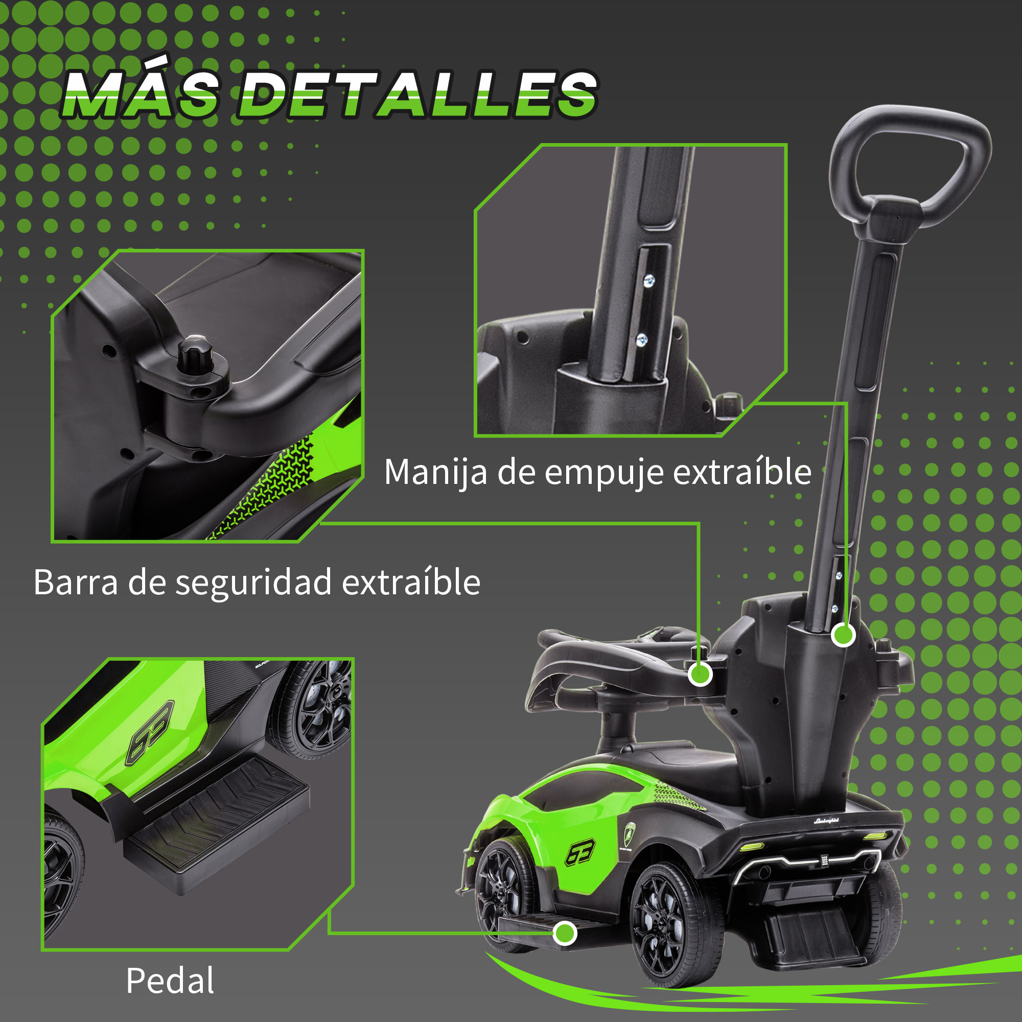 2 en 1 Coche Correpasillos para Niños 12-36 Meses Lamborghini Essenza SCV12 Andador Empujador con Bocina Mango de Empuje y Barandilla Extraíbles 86,5x40x89,5 cm Verde y Negro