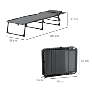 Tumbona Plegable Tumbona Jardín Exterior con Respaldo Ajustable Reposacabezas Acolchado Bolsillo Lateral y Estructura de Acero 185x58x30 cm Gris