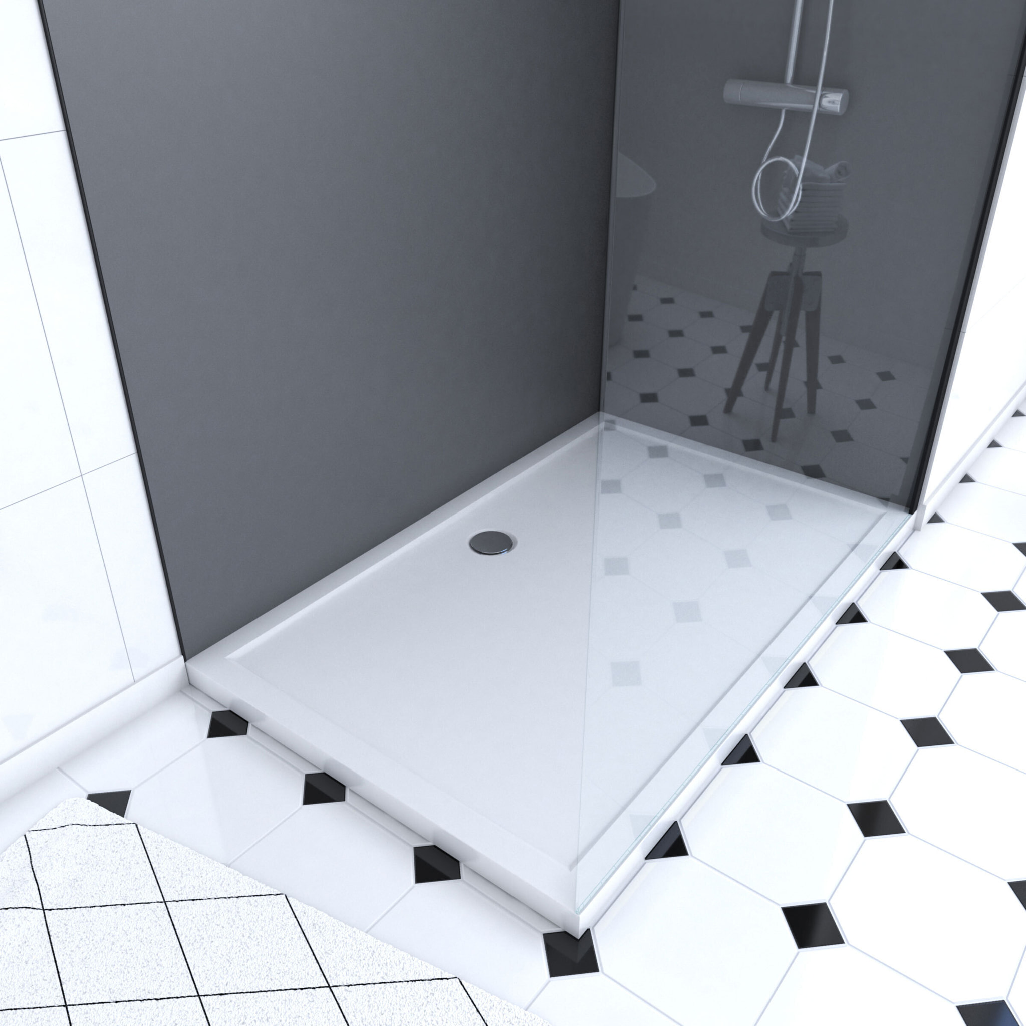 Pack Douche a l'Italienne 90x120 - Kit Panneaux Muraux Gris/Noir + Receveur + Paroi Transparente
