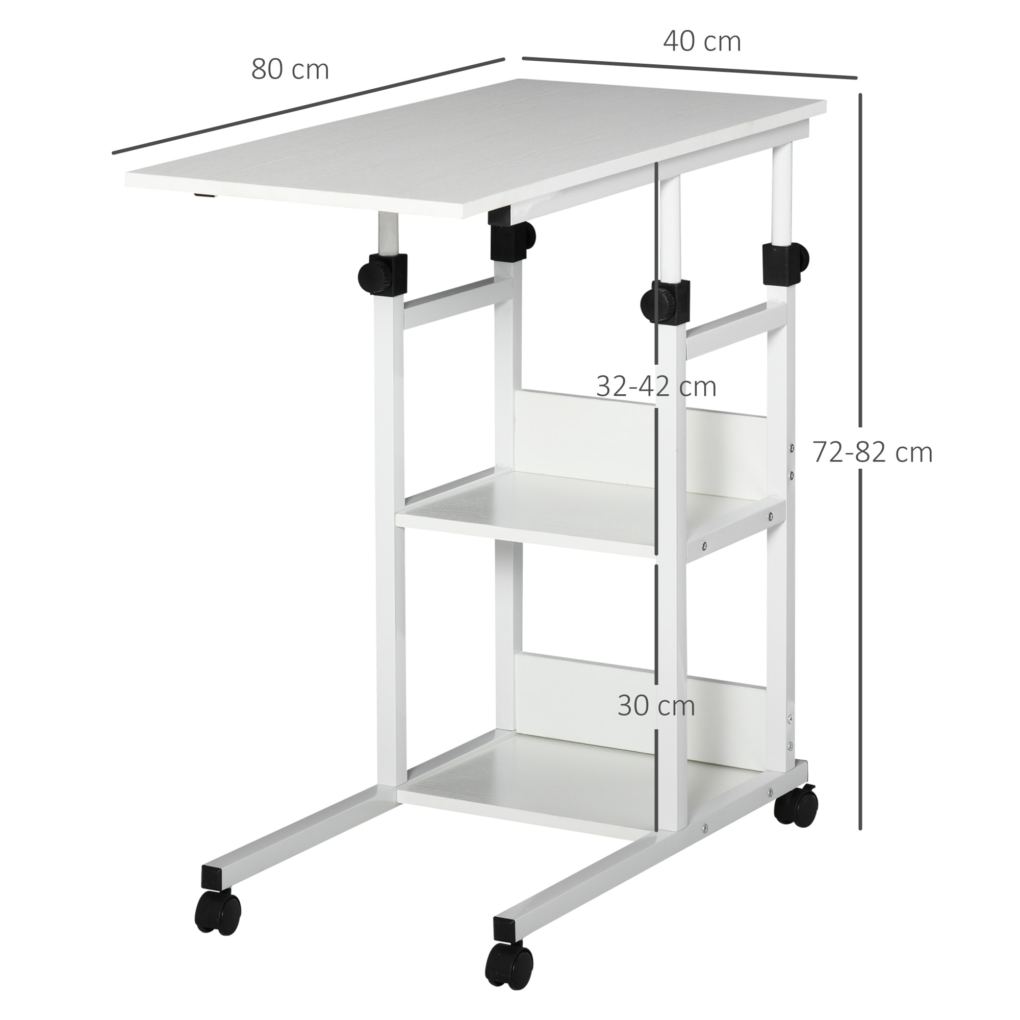 Table de lit/fauteuil - table roulante - hauteur réglable - 2 étagères intégrées - panneaux particules E1 aspect bois métal blanc