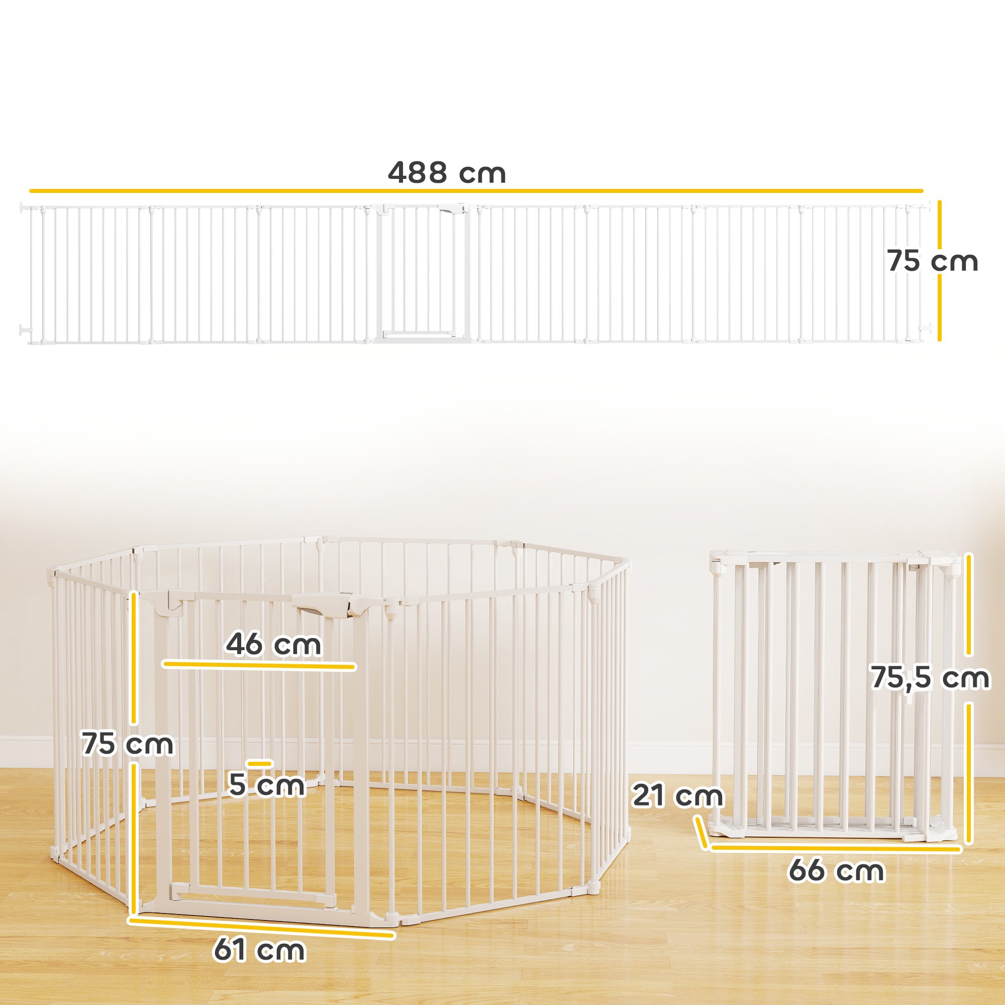 Barrière de sécurité pliable modulable max. L.488cm parc enclos 8 panneaux - porte double verrouillage - acier blanc