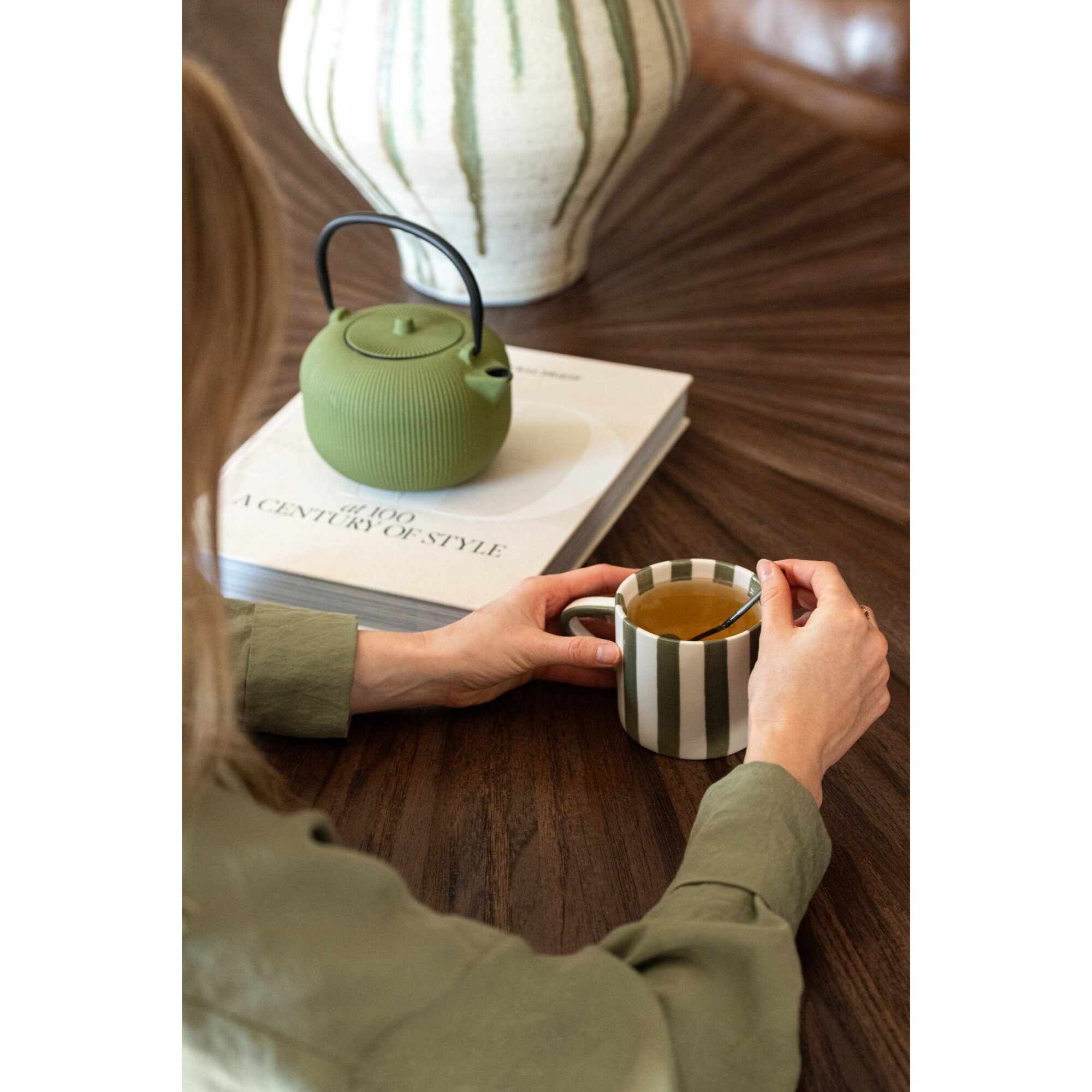 J-Line Mug ligné - grès - vert olive/blanc - set de 4