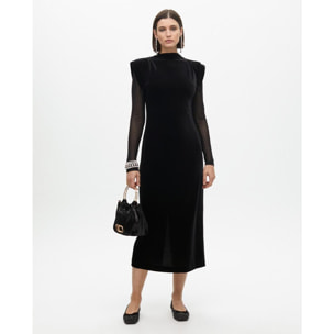 Vestito Lungo di Velluto con Maniche Trasparenti