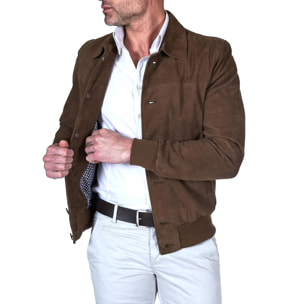 Giacca bomber in pelle camoscio color fango collo camicia