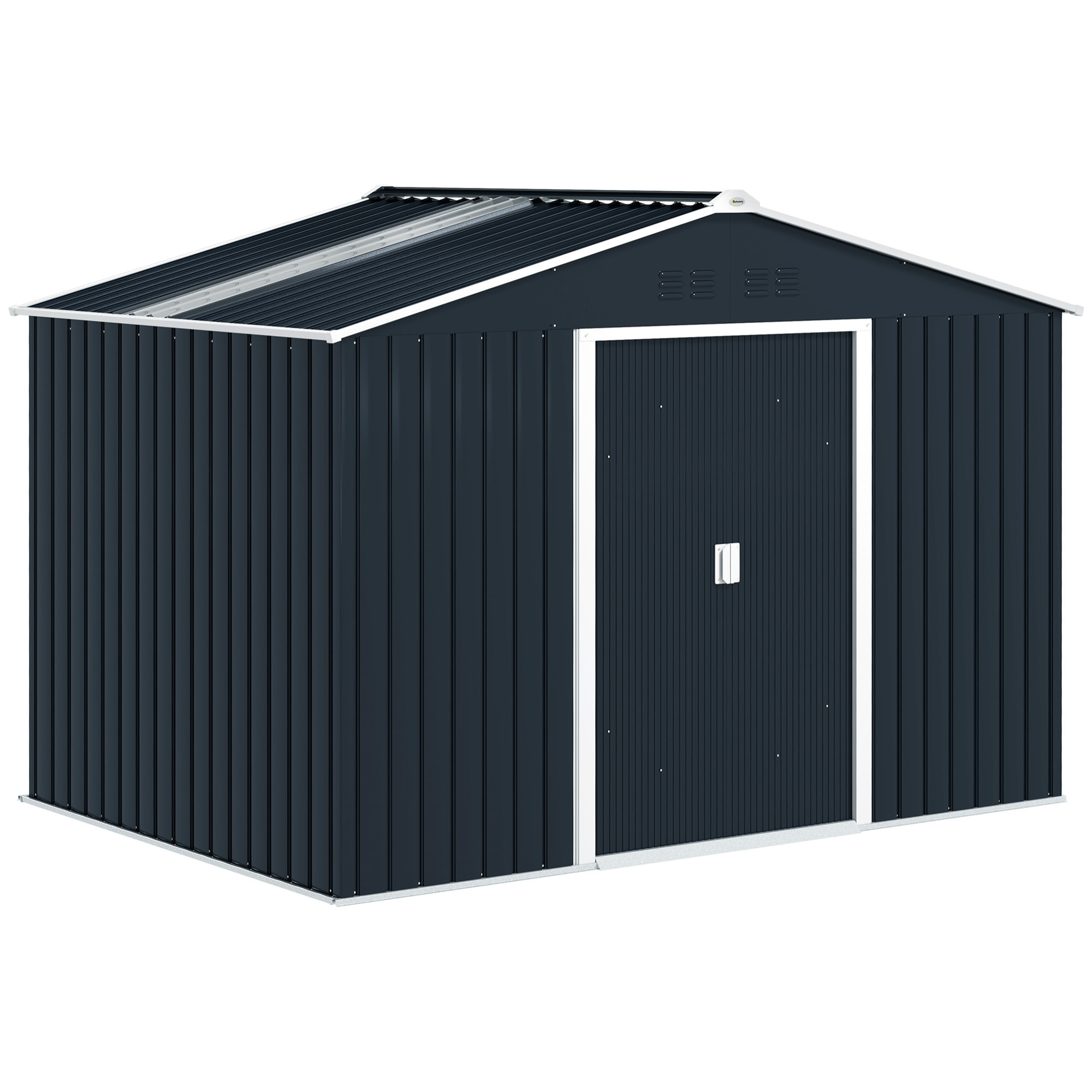 Caseta de Jardín Exterior 4,9 m² 277x195x192 cm, Cobertizo de Jardín Exterior Metálico con Techo de Fibra de Vidrio, Puerta Corredera, Base Refuerzo (Suelo NO Incluido) y Ventanas Gris Oscuro