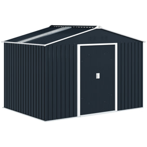 Caseta de Jardín Exterior 4,9 m² 277x195x192 cm, Cobertizo de Jardín Exterior Metálico con Techo de Fibra de Vidrio, Puerta Corredera, Base Refuerzo (Suelo NO Incluido) y Ventanas Gris Oscuro