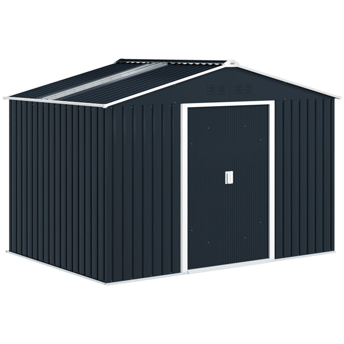 Caseta de Jardín Exterior 4,9 m² 277x195x192 cm, Cobertizo de Jardín Exterior Metálico con Techo de Fibra de Vidrio, Puerta Corredera, Base Refuerzo (Suelo NO Incluido) y Ventanas Gris Oscuro