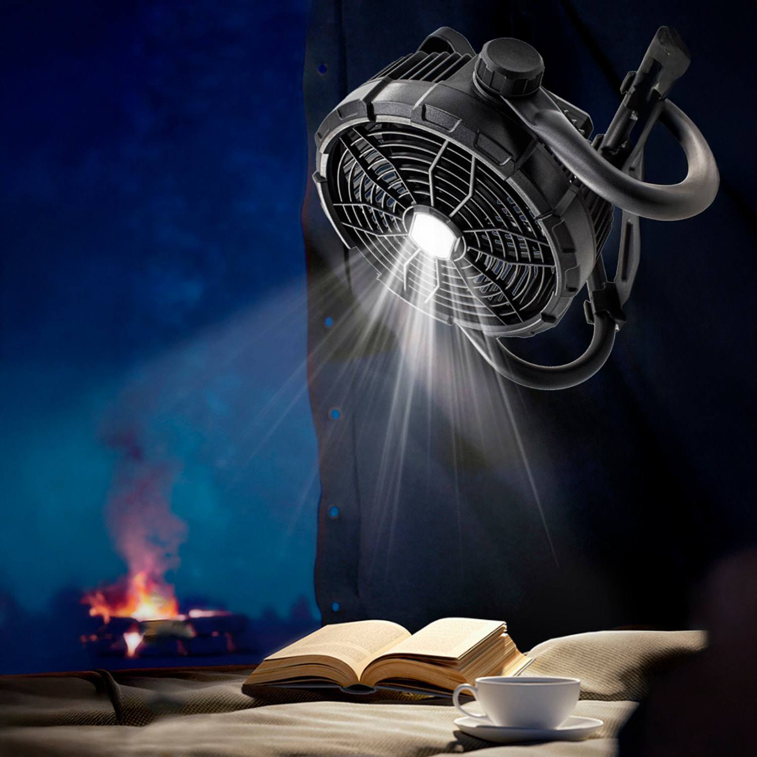 Ventilador exterior X45 con luz LED, 18W y velocidad regulable. Colgable o de pie, ángulo ajustable y powerbank de 14400 mAh.