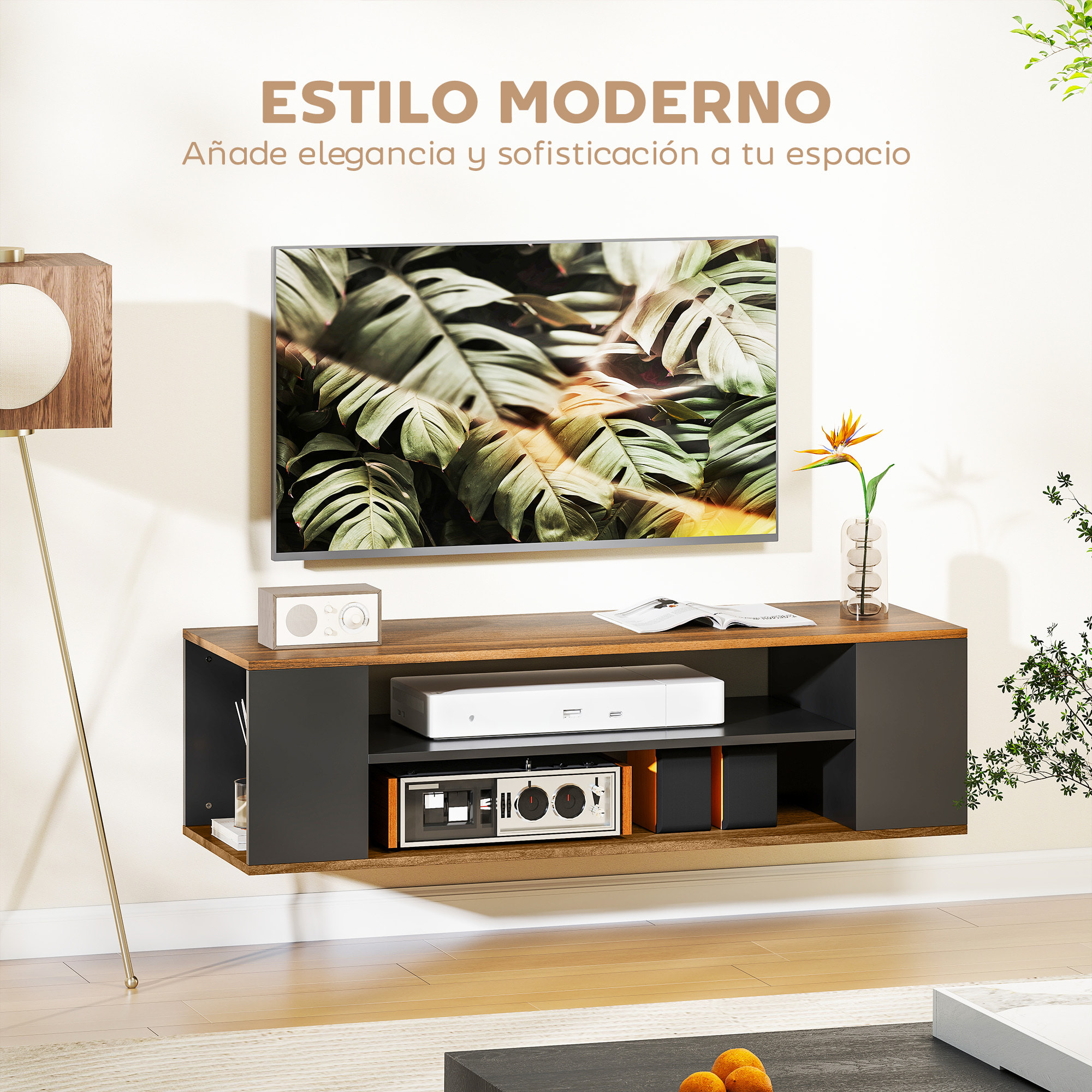 Mueble de TV con Ruedas, Mesa de TV Suspendido o de Pie, para Salón, con 4 Estantes Abiertos, para Televisión de 55 Pulgadas, Estilo Moderno, 120x40x38,5 cm, Nogal y Negro