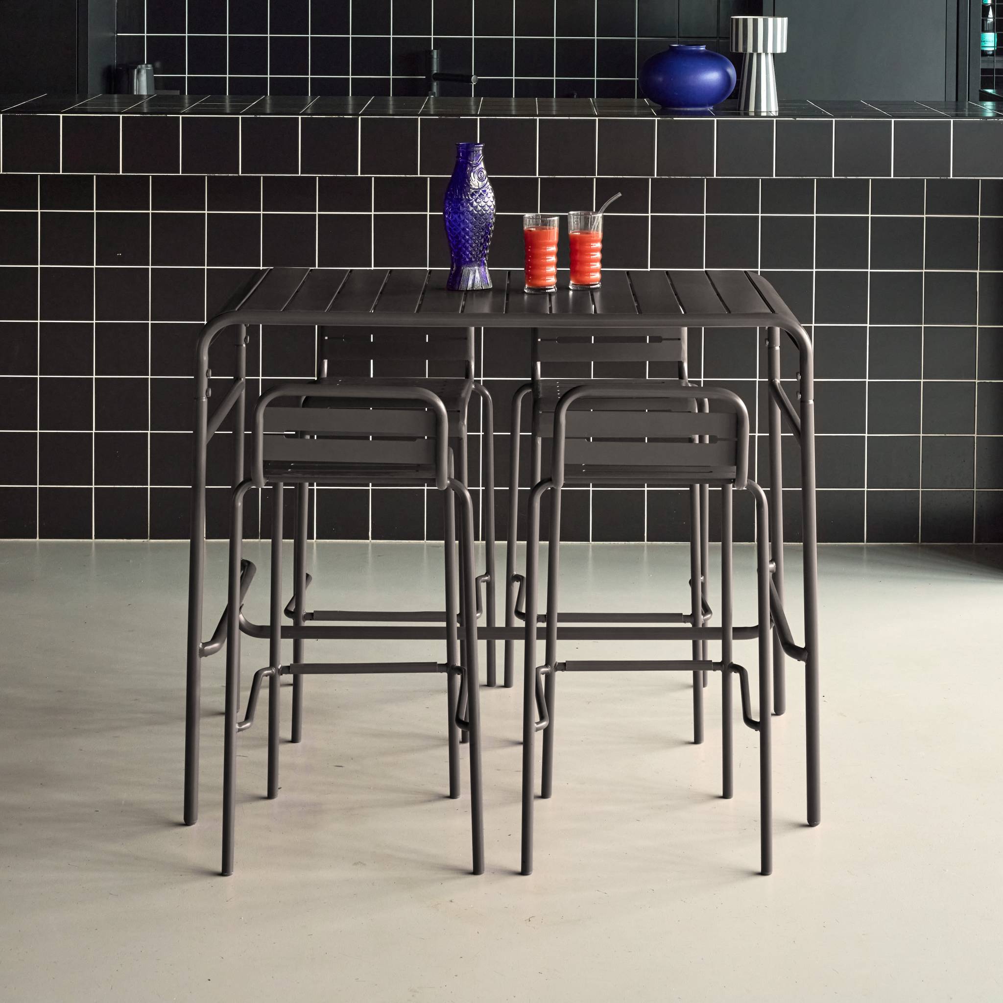 Table haute de jardin acier + 4 assises AMÉLIA