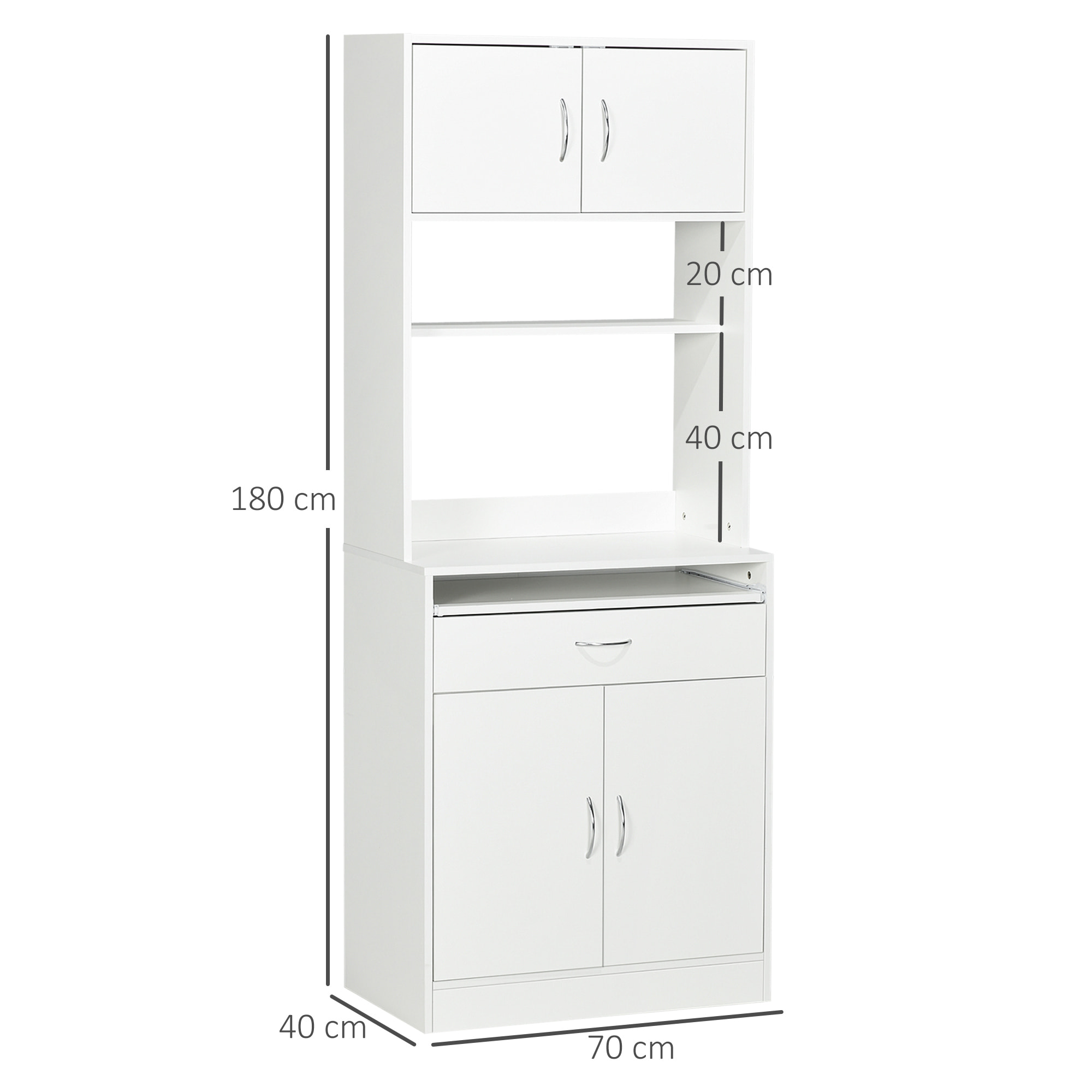 Alacena de Cocina Mueble Aparador Auxiliar con 4 Puertas Bandeja Extraíble Estante Ajustable Cajón y Encimera de Microondas Abierta 70x40x180 cm Blanco