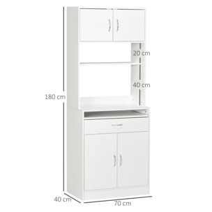 Alacena de Cocina Mueble Aparador Auxiliar con 4 Puertas Bandeja Extraíble Estante Ajustable Cajón y Encimera de Microondas Abierta 70x40x180 cm Blanco