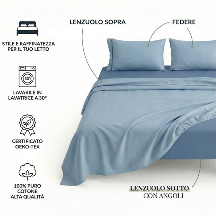 Completo lenzuola singolo in cotone bicolore morbido e traspirante, set letto con lenzuolo sopra, sotto con angoli e federa, design con piping a contrasto elegante, resistente e leggero 116 gsm, certificato OEKO-TEX