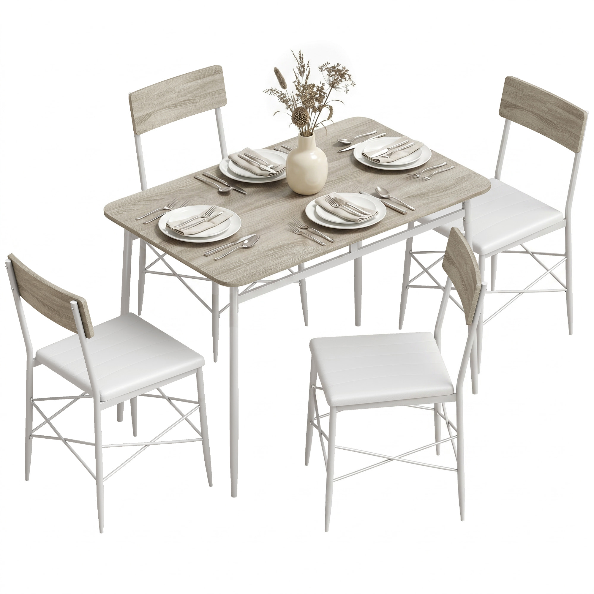 HOMCOM Juego de Mesa y Sillas de Comedor 5 Piezas, Mesa de Cocina Rectangular con 4 Sillas Acolchadas, Estilo Moderno, Marco Metálico, para Espacios Pequeños, Salón, 106x66x75 cm, Roble y Blanco