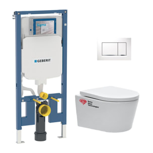Pack WC Bati-support Geberit + WC Swiss Aqua Technologies sans bride + abattant SoftClose + plaque blanche (SLIM-SATrimless-H)