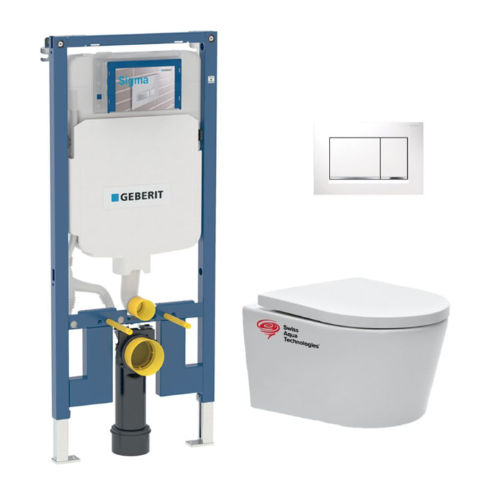 Pack WC Bati-support Geberit + WC Swiss Aqua Technologies sans bride + abattant SoftClose + plaque blanche (SLIM-SATrimless-H)