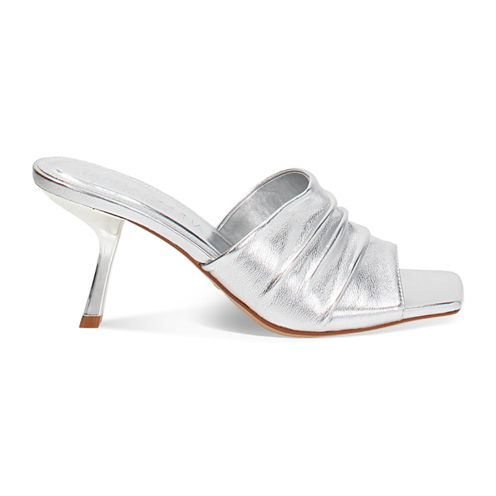 Mules open toe donna argento in laminato, tacco 7,5 cm