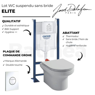 Pack WC suspendu sans bride + abattant + Bâti support + Sail Plaque de commande WC rond blanc