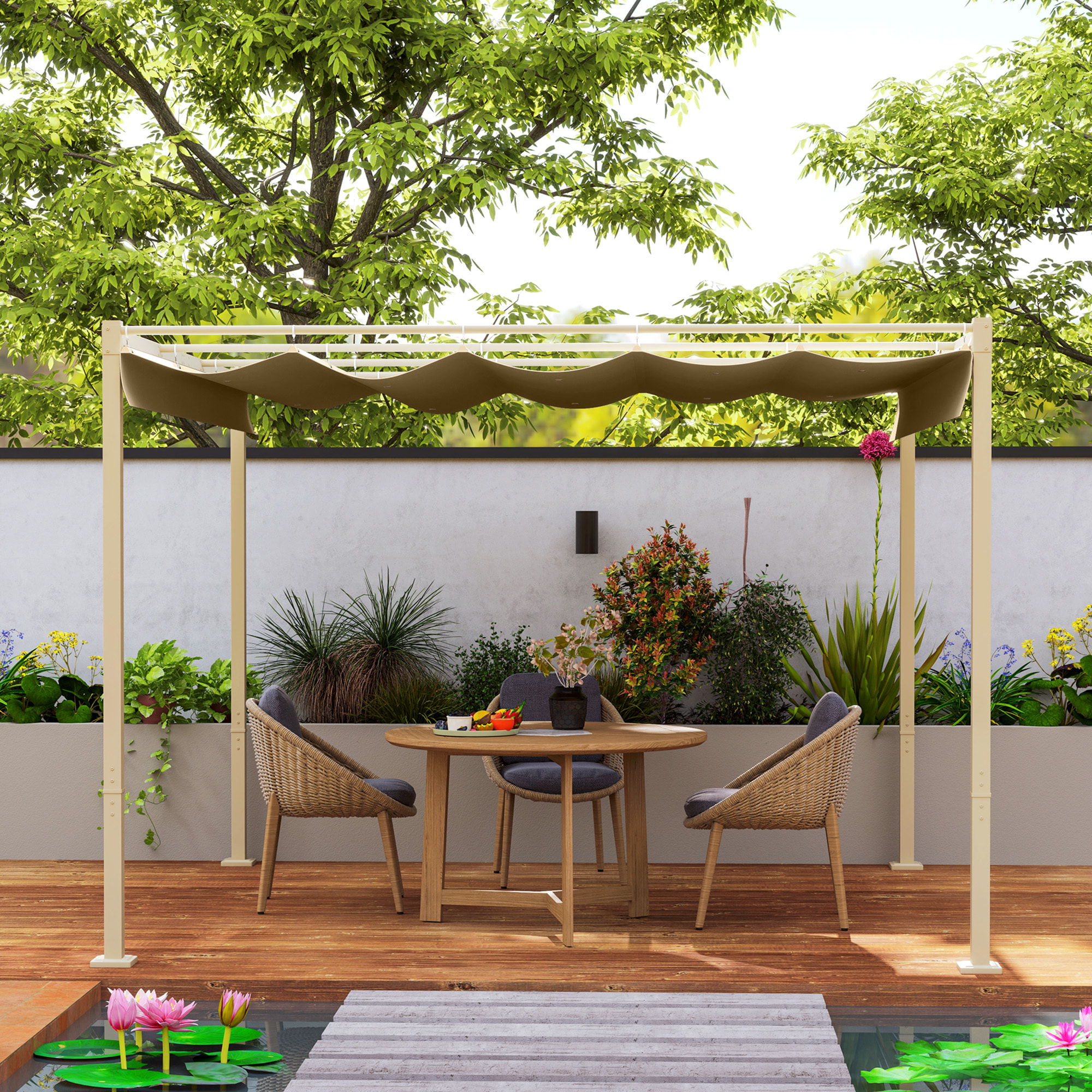 Pérgola con Techo Retráctil Pérgola de 3x3 m Cenador de Pared o Independiente con Cierre Magnético Protección UV30+ Pabellón para Jardín Patio Terraza Exterior Caqui