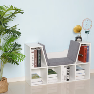 Bibliothèque banc 2 en 1 design contemporain 6 casiers 3 coussins fournis 102L x 30l x 61H cm blanc gris chiné