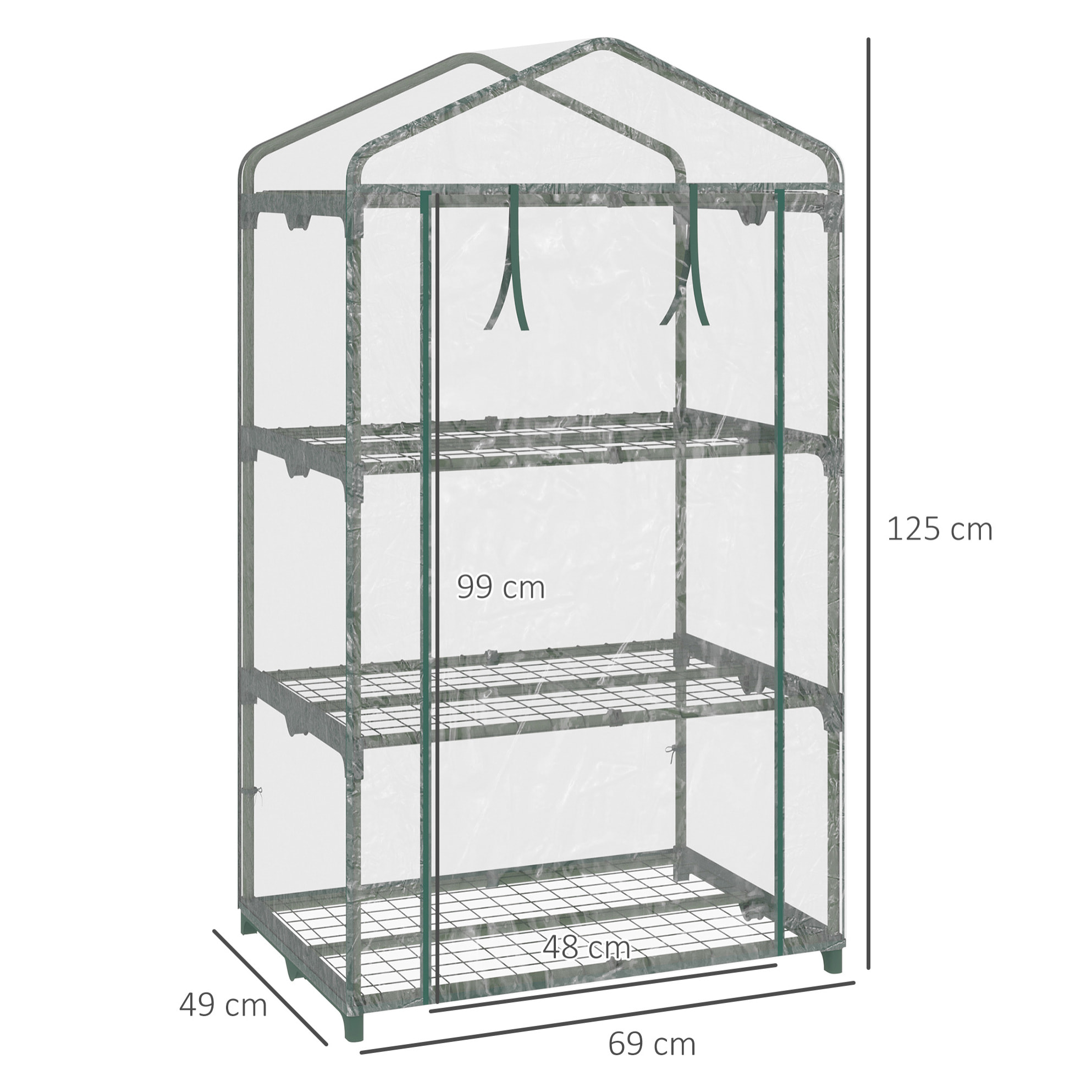 Serre de jardin balcon étagère serre 3 niveaux dim. 69L x 49l x 125H cm métal thermolaqué vert PVC haute densité transparent