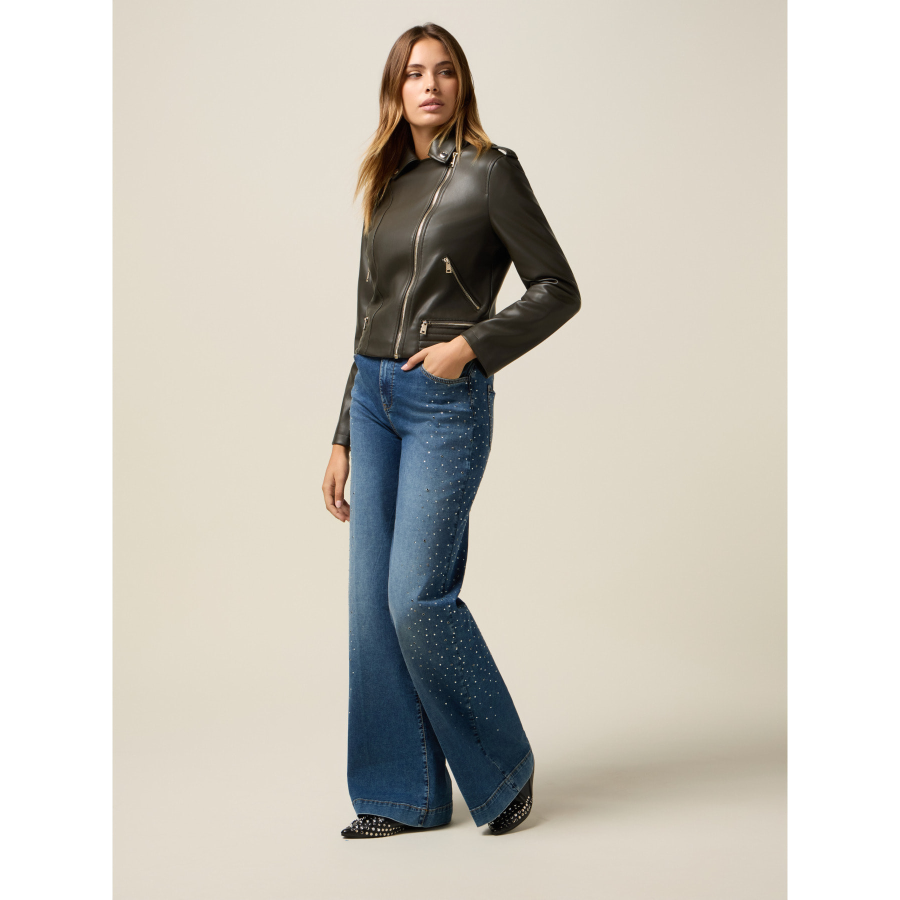 Oltre - Chaqueta de cuero con cremallera - Verde militare