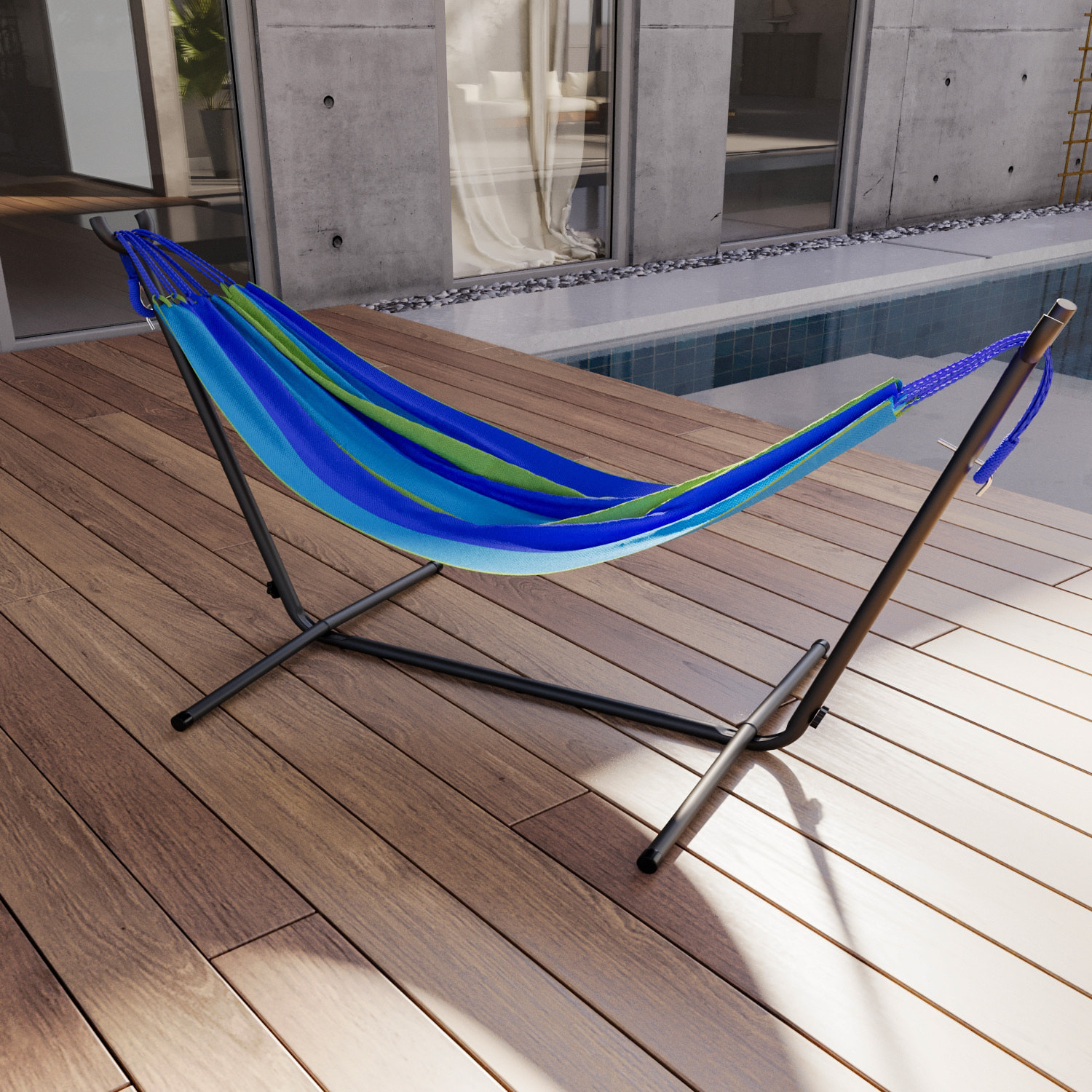 Amaca Da Giardino Con Supporto In Acciaio Portata 200 Kg Regolabile Telo Cotone Resistente Esterno Terrazzo Borsa 265x110x100 Cm Multicolore Blu