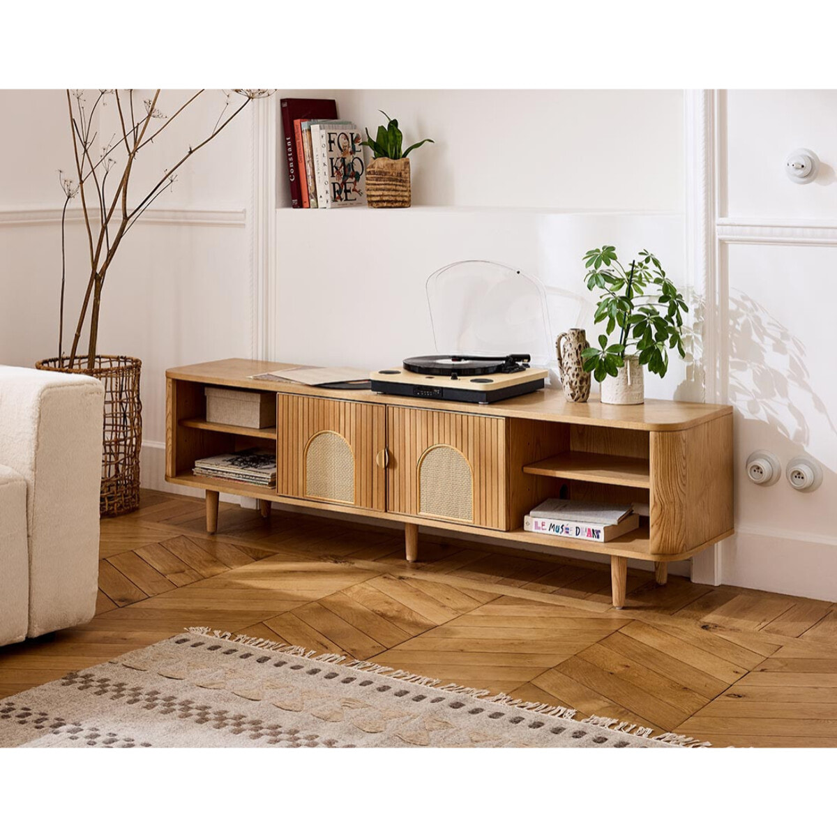 Milazzo - meuble tv - bois plaqué chêne et cannage - 4 niches et 2 portes - 180 cm - Bois