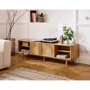 Milazzo - meuble tv - bois plaqué chêne et cannage - 4 niches et 2 portes - 180 cm - Bois