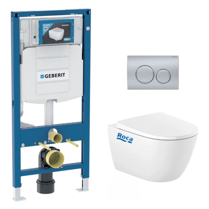 Pack WC Bati Geberit UP100 + Cuvette Roca Ona sans bride fixations invisibles + Plaque chrome mat (OnaGeb9)