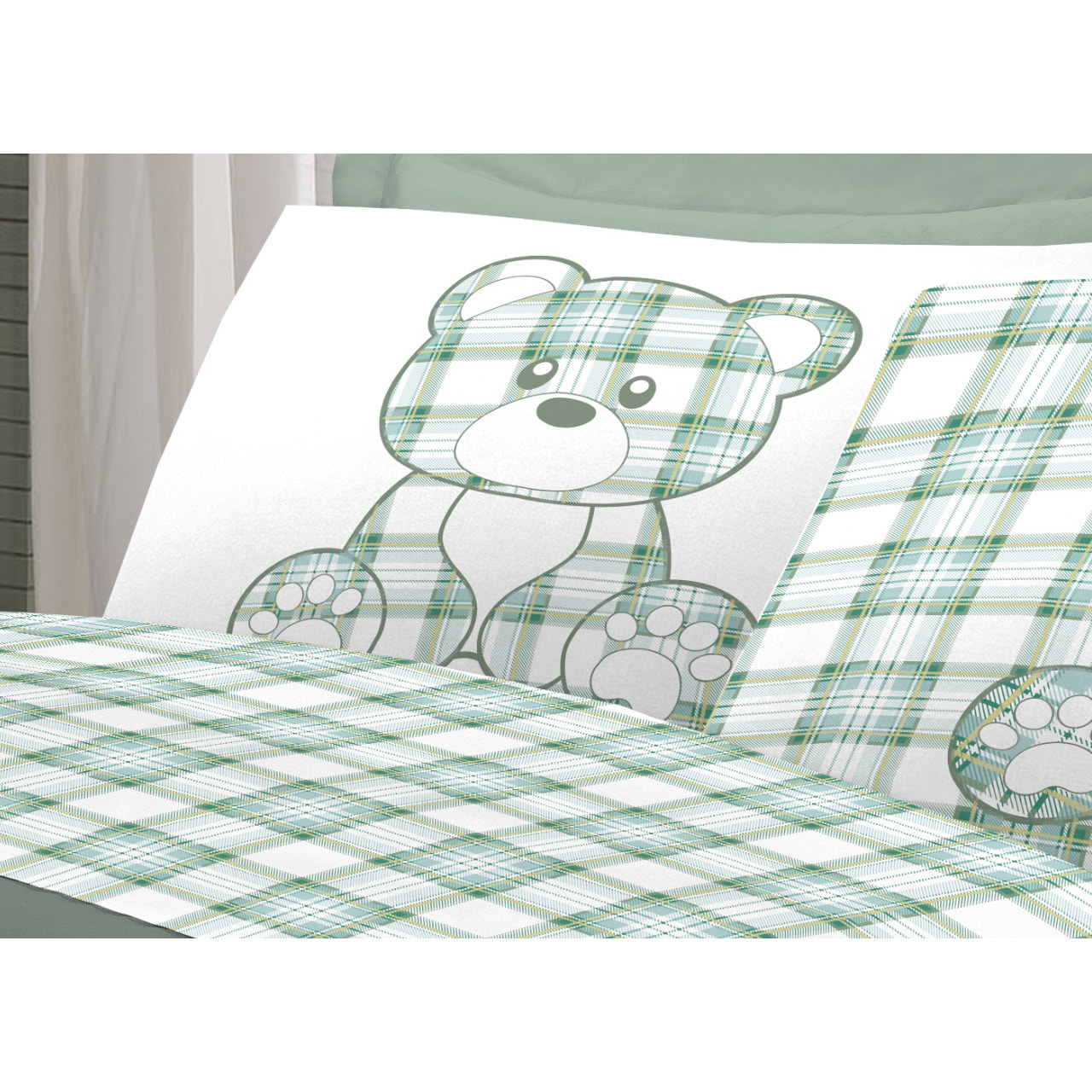 Completo Lenzuola In 100% Cotone Orsetto Tartan Primavera