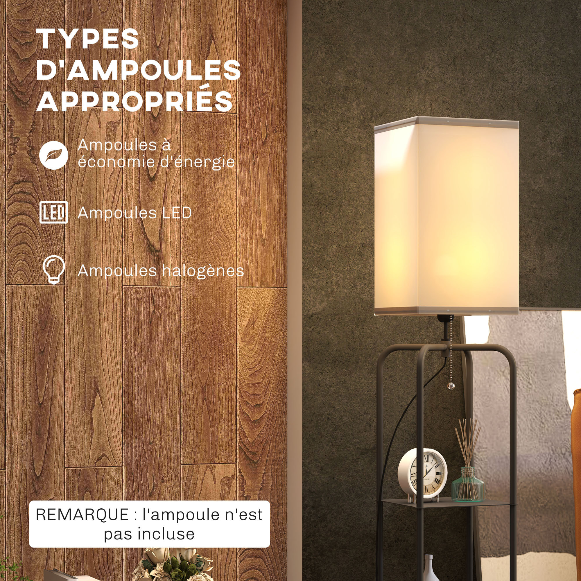 Lampadaire étagères 3 niveaux - interrupteur à tirette - métal MDF noir abat jour tissu blanc