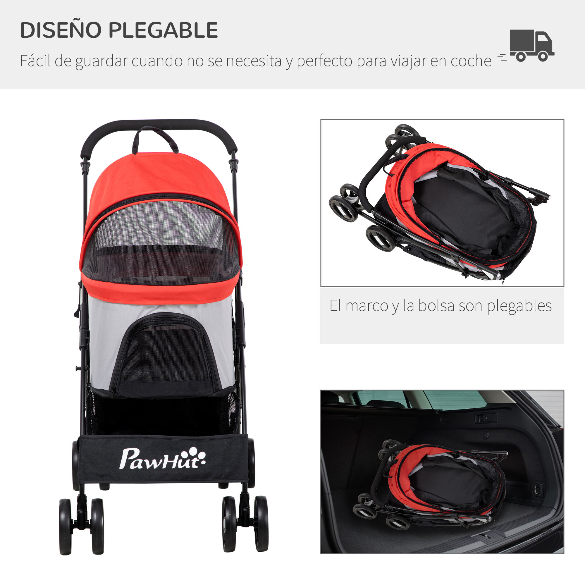 3 en 1 Cochecito para Mascotas Carrito para Perros y Gatos Desmontable Bolsa de Transporte Plegable con Cesta de Almacenaje y Frenos Tela Oxford 600D Carga 15 kg 82x49,5x98 cm Rojo