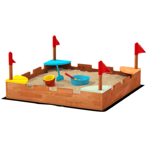 Bac à sable en bois design muraille - 4 drapeaux et sièges, doublure - dim. 90 x 90 x 17 cm - bois sapin pré-huilé