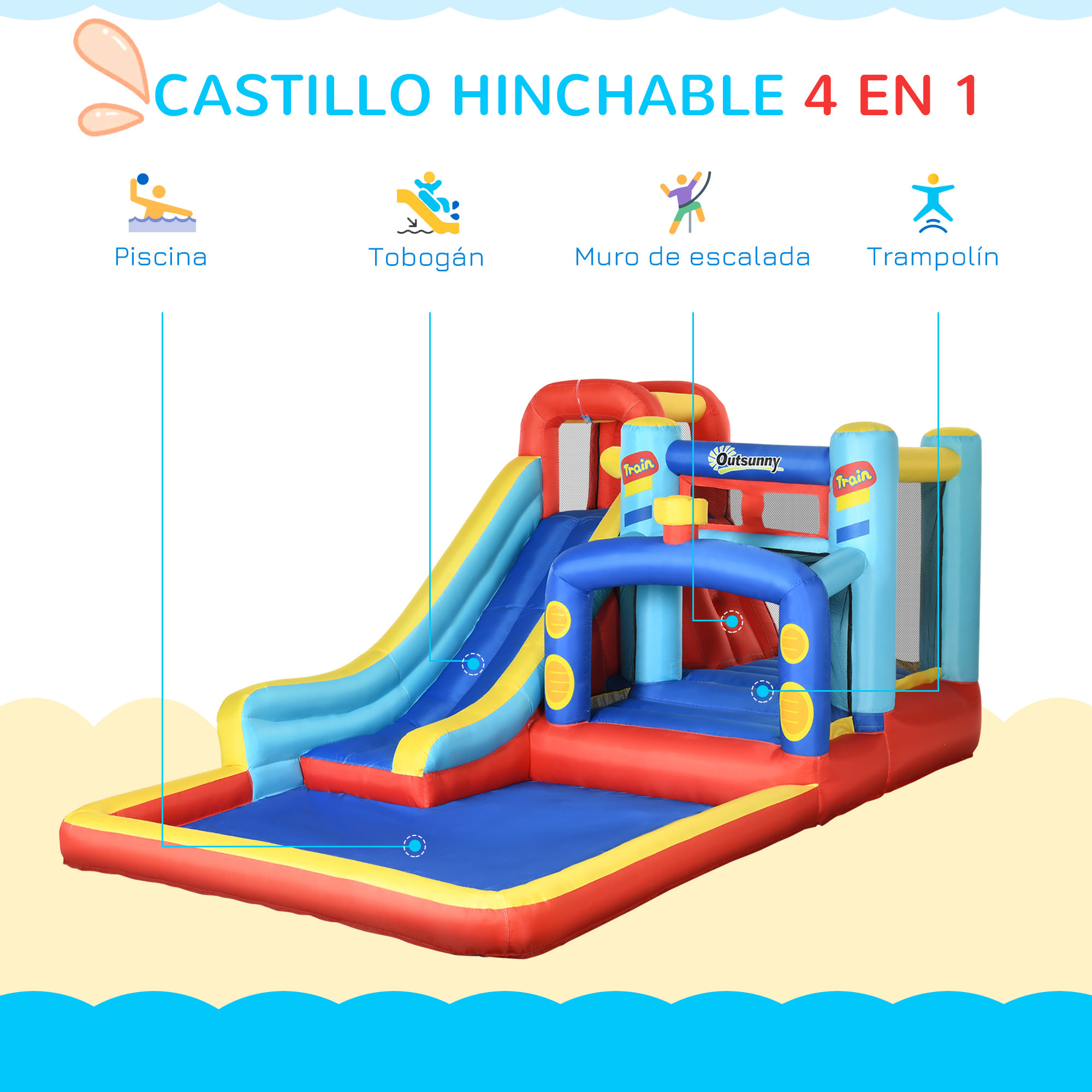 Castillo Hinchable con Soplador Cassa de Rebote para Niños de 3-8 Años con Tobogán Trampolín Piscina Bolsa de Transporte para Interior Exterior 435x245x200 cm Multicolor