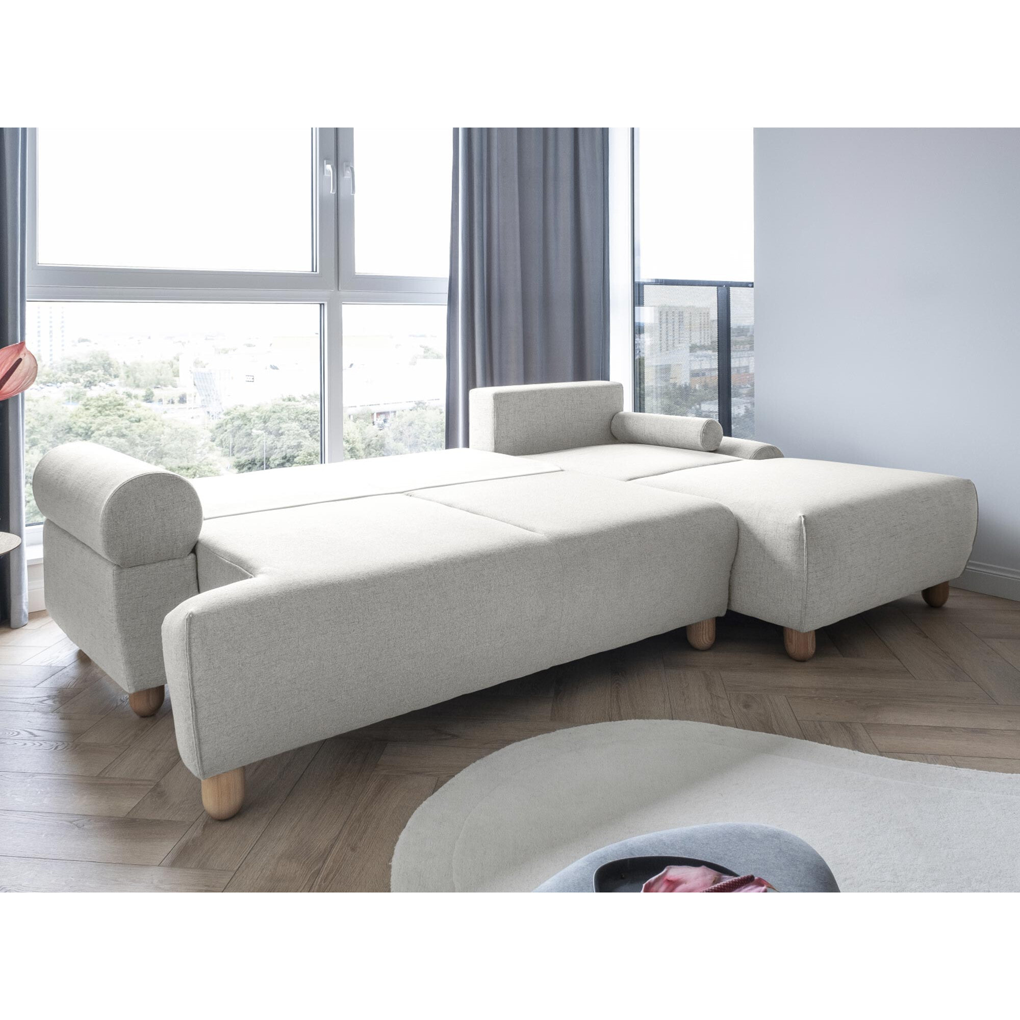 Olli - canapé d'angle droit - convertible - avec coffre - 4 places - en tissu - Beige