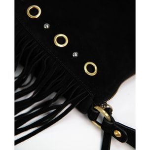 Bolso grande de ante negro con flecos y tachuelas doradas