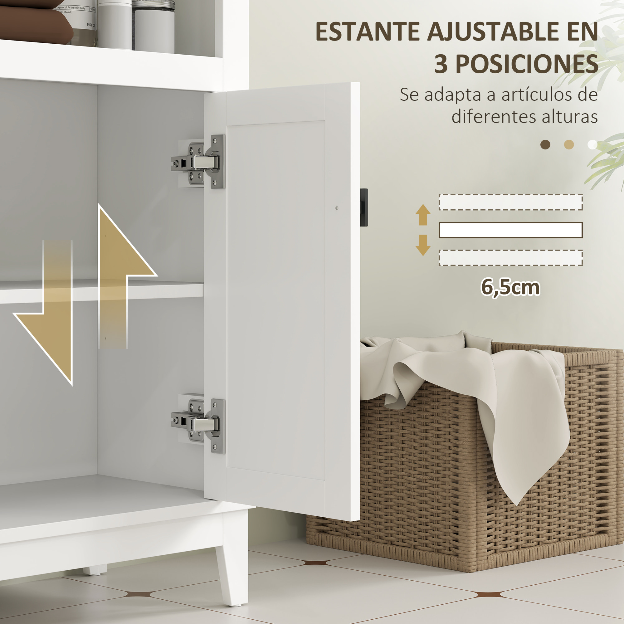 Mueble Auxiliar de Baño con 2 Puertas con Frontal de Ratán Armario de Baño con Estante Ajustable y Compartimento Abierto 60x30x90 cm Blanco