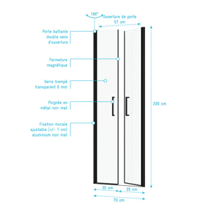 Porte de Douche Double Battant 70x200cm - Verre Trempé Transparent 6mm - Profil Noir Mat