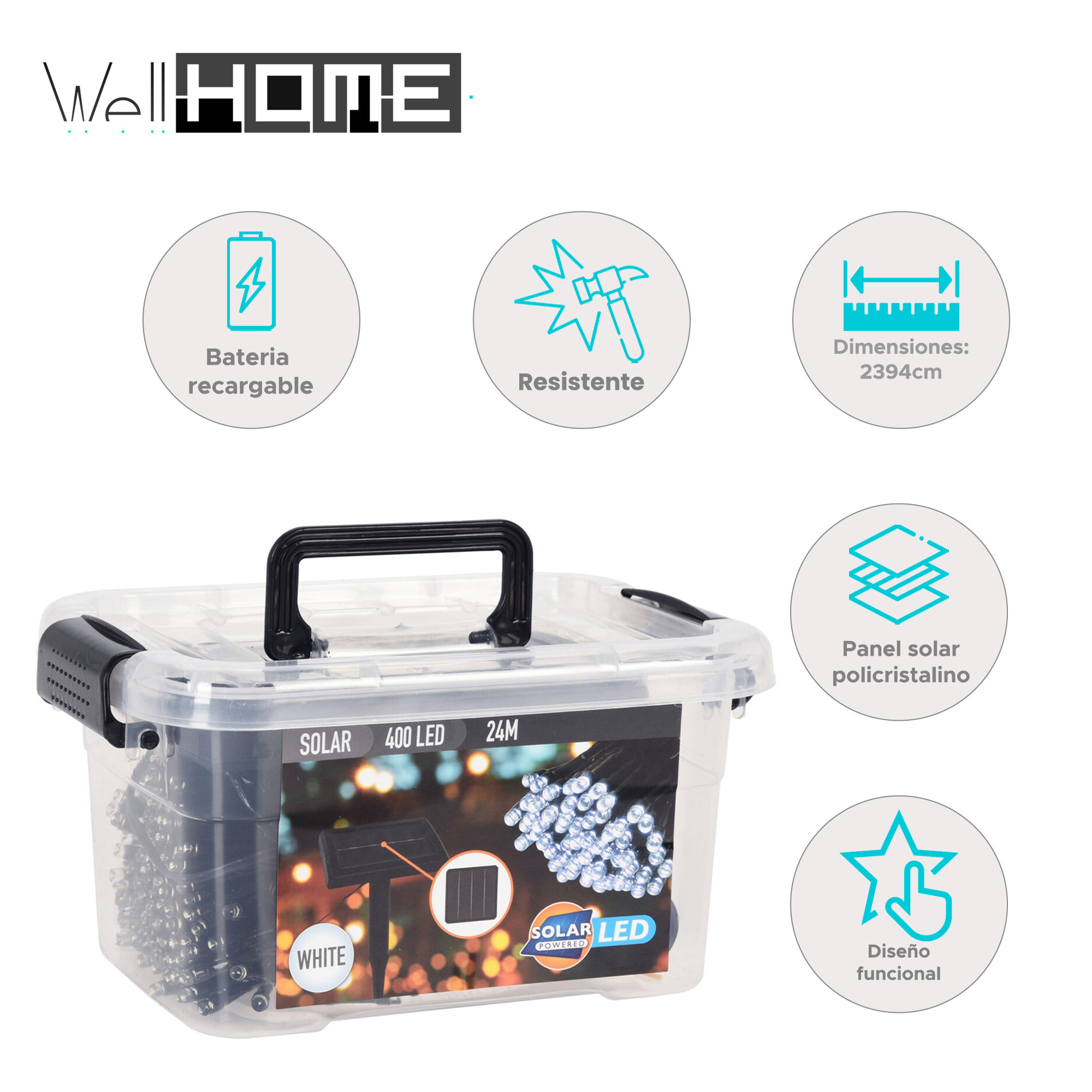Guirnalda de luz led solar con 400 bombillas - cable de 4 metros, led blanco frío y panel solar policristalino